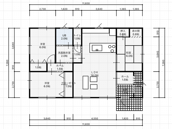 間取りプラン 建坪約26坪 3LDK リビングで繋がる平屋住宅