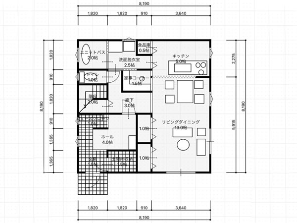 間取りプラン 建坪約20坪 2階にくつろぎの居室を集約した2階建て3LDK